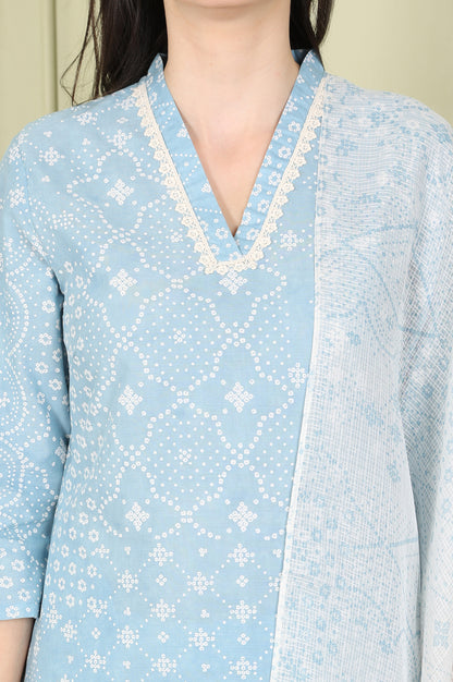 Powder Blue Geometric Printed Pure Cotton Straight Kurta, Pants And Dupatta Set - wforwoman