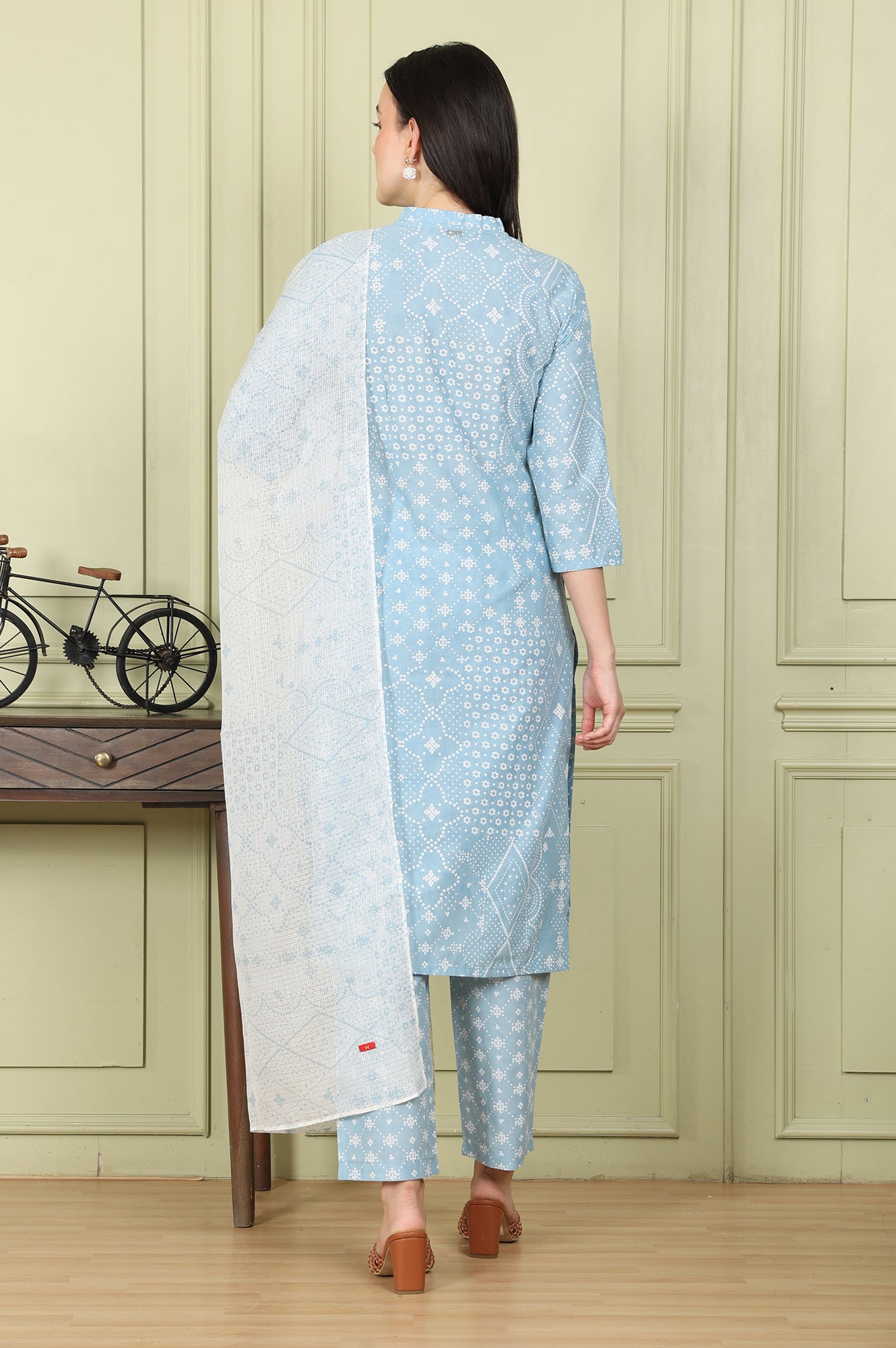 Powder Blue Geometric Printed Pure Cotton Straight Kurta, Pants And Dupatta Set - wforwoman