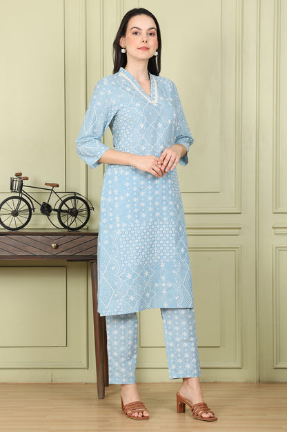 Powder Blue Geometric Printed Pure Cotton Straight Kurta, Pants And Dupatta Set - wforwoman
