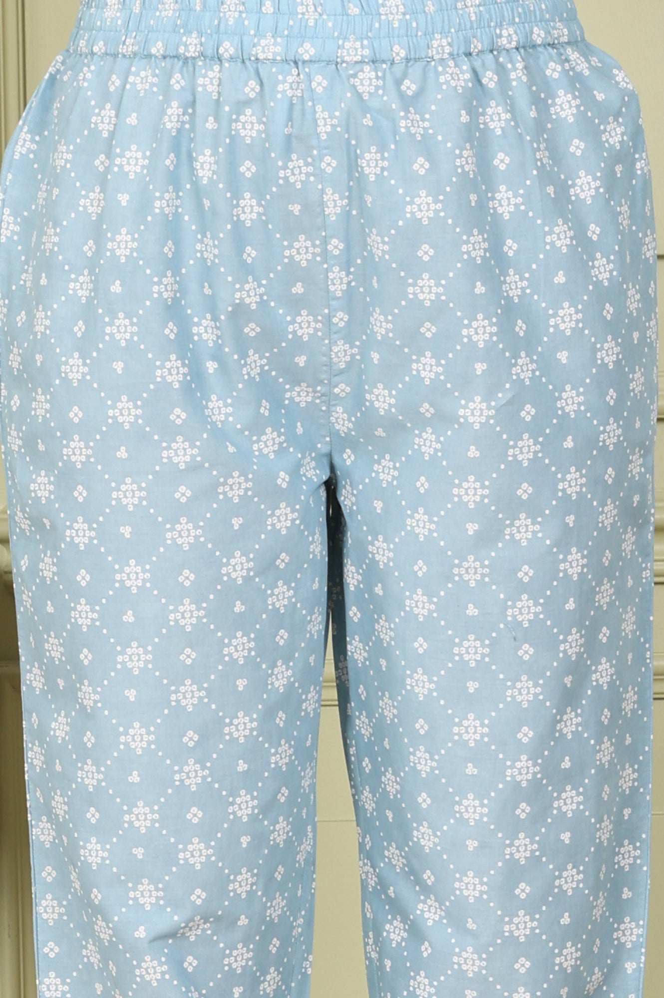 Powder Blue Geometric Printed Pure Cotton Straight Kurta, Pants And Dupatta Set