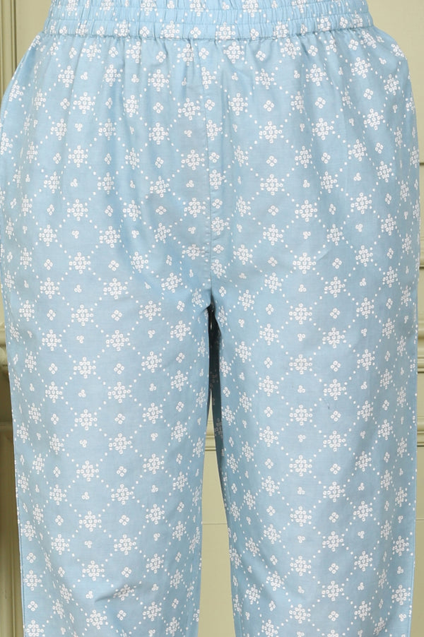 Powder Blue Geometric Printed Pure Cotton Straight Kurta, Pants And Dupatta Set