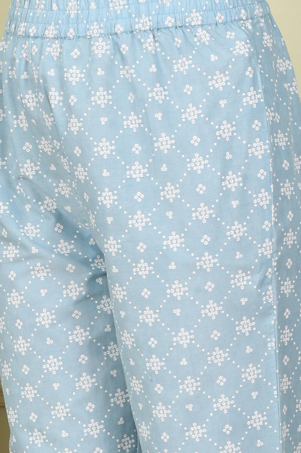 Powder Blue Geometric Printed Pure Cotton Straight Kurta, Pants And Dupatta Set