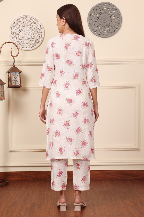 White Floral Printed A-Line Pure Cotton Kurta And Pants Co-Ord Set