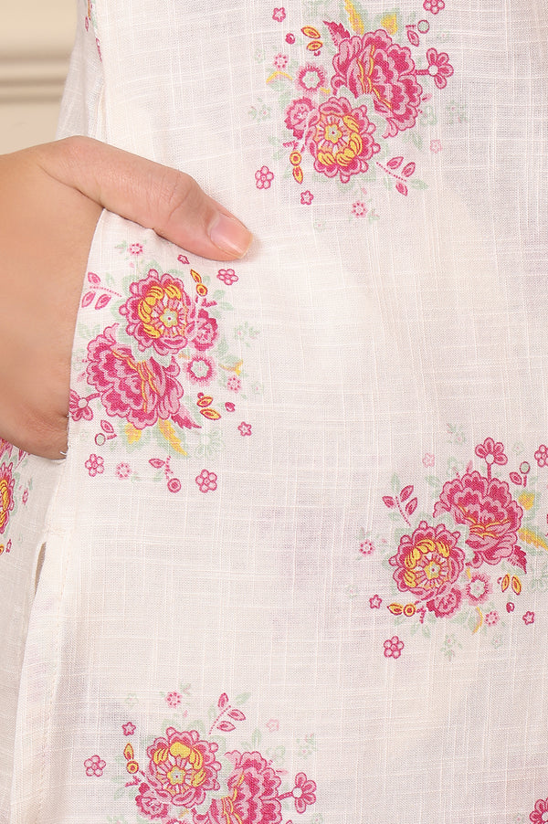 White Floral Printed A-Line Pure Cotton Kurta And Pants Co-Ord Set