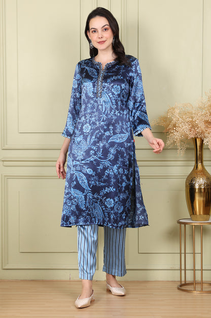 Blue Floral Printed With Thread Work Japenese Satin Kurta And Pants Set - wforwoman