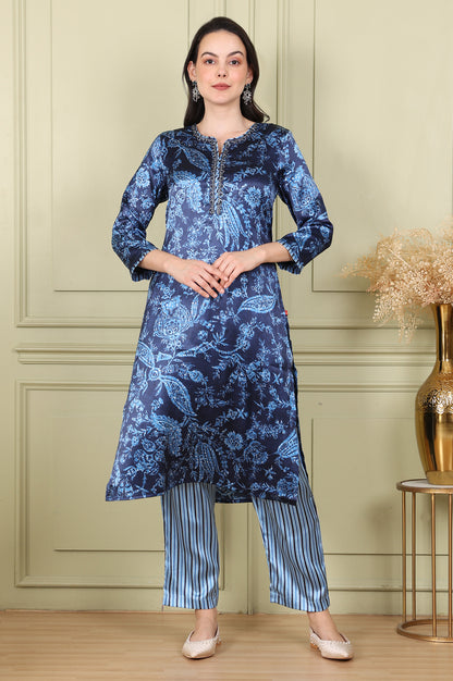 Blue Floral Printed With Thread Work Japenese Satin Kurta And Pants Set - wforwoman