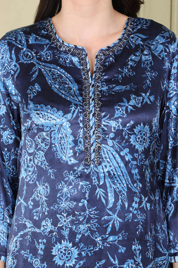 Blue Floral Printed With Thread Work Japenese Satin Kurta And Pants Set