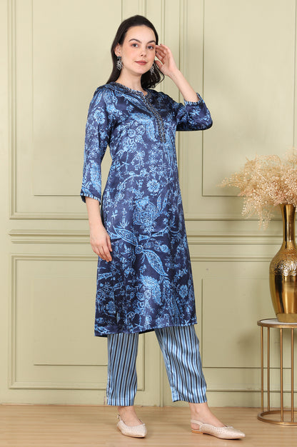 Blue Floral Printed With Thread Work Japenese Satin Kurta And Pants Set - wforwoman