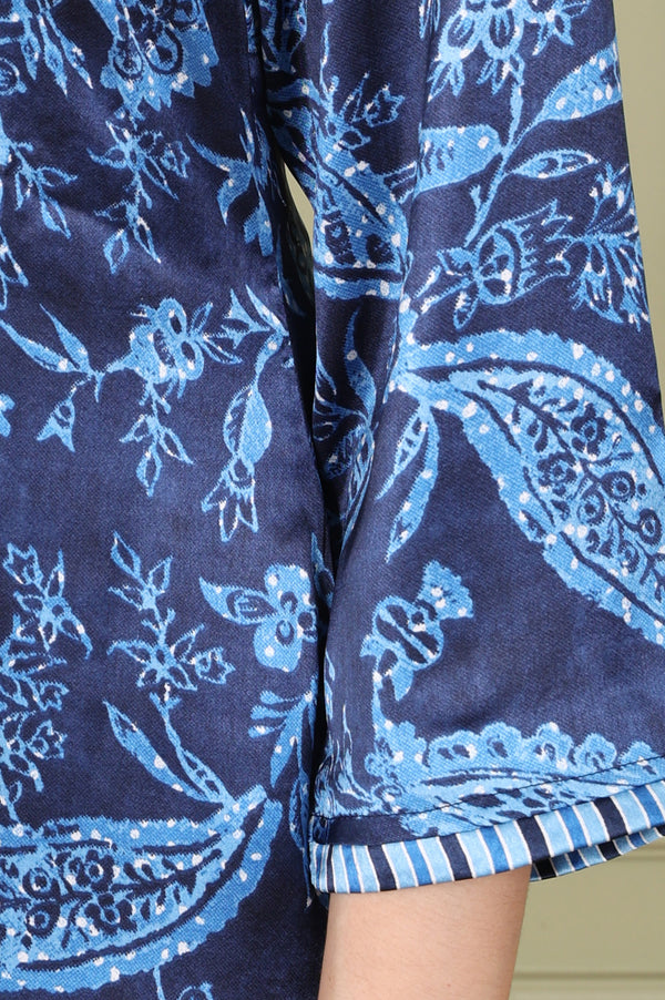 Blue Floral Printed With Thread Work Japenese Satin Kurta And Pants Set