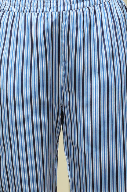 Blue Floral Printed With Thread Work Japenese Satin Kurta And Pants Set