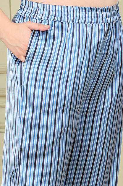 Blue Floral Printed With Thread Work Japenese Satin Kurta And Pants Set