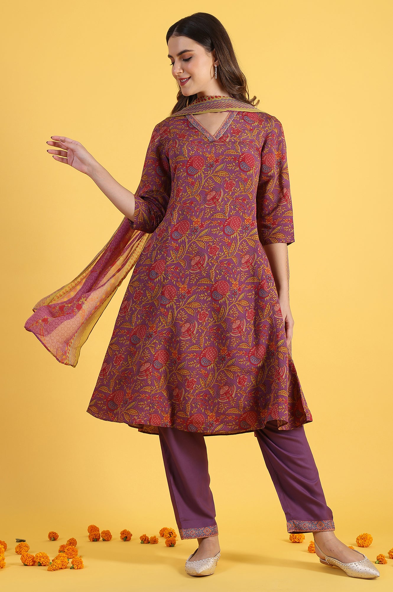 Purple Printed Flarred A-Line Kurta &amp; Straight pant with Dupatta Set
