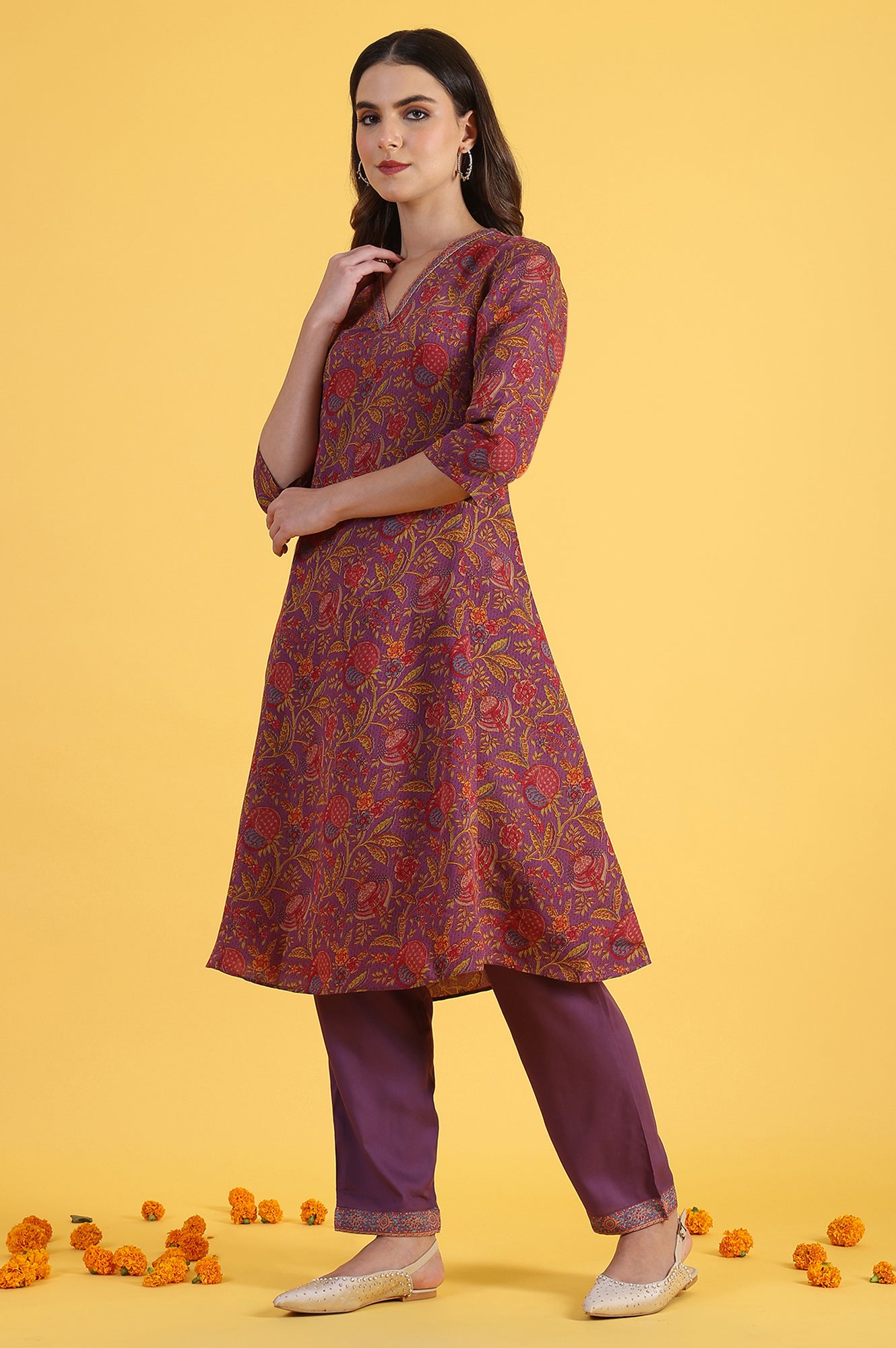 Purple Printed Flarred A-Line Kurta &amp; Straight pant with Dupatta Set