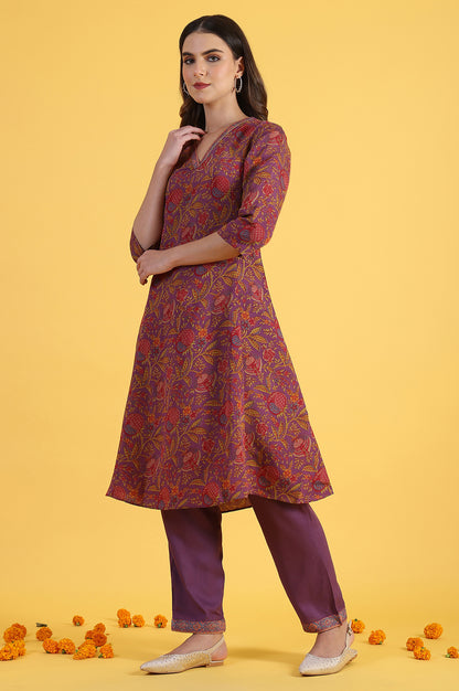 Purple Printed Flarred A-Line Kurta &amp; Straight pant with Dupatta Set