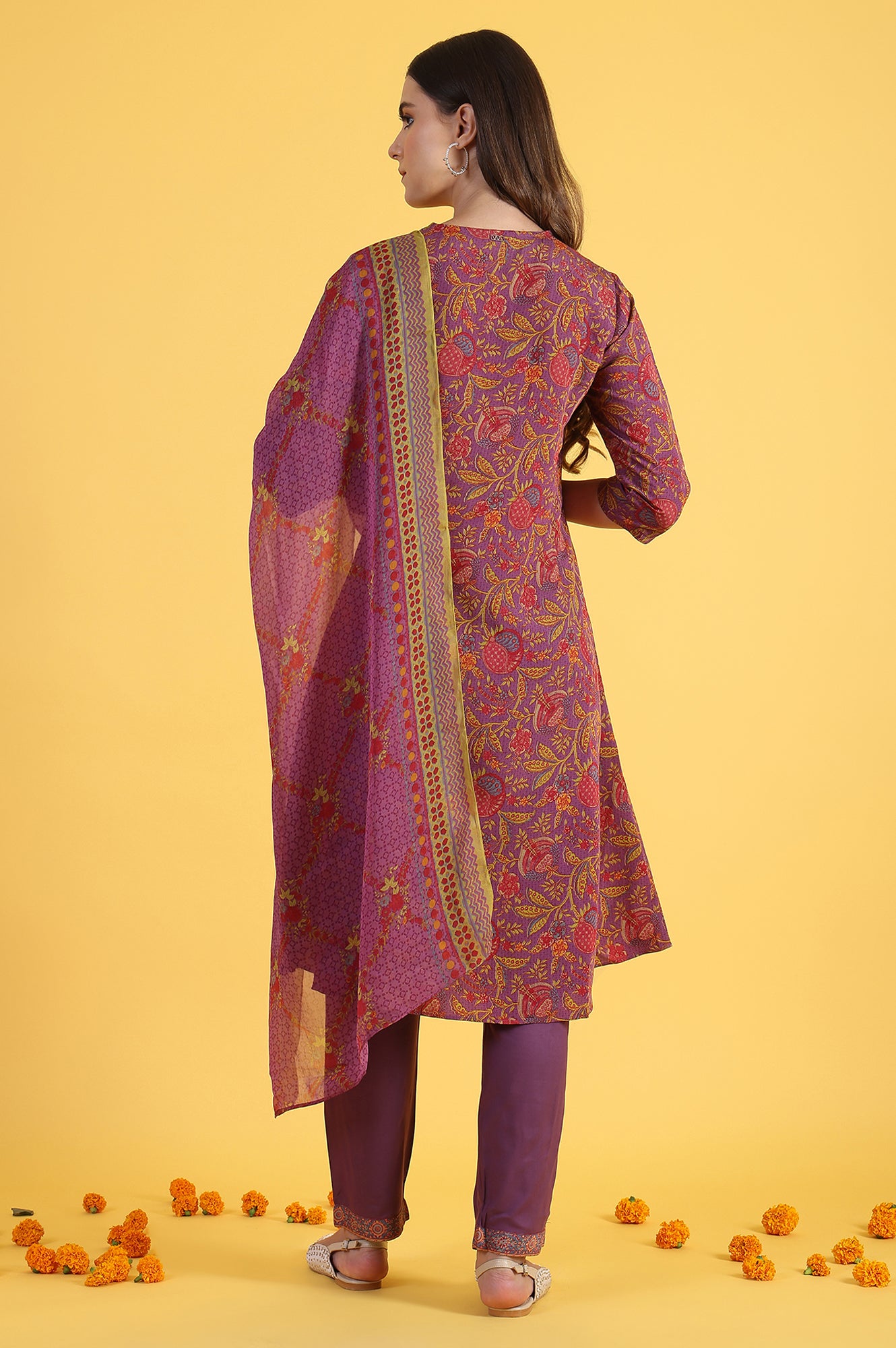 Purple Printed Flarred A-Line Kurta &amp; Straight pant with Dupatta Set