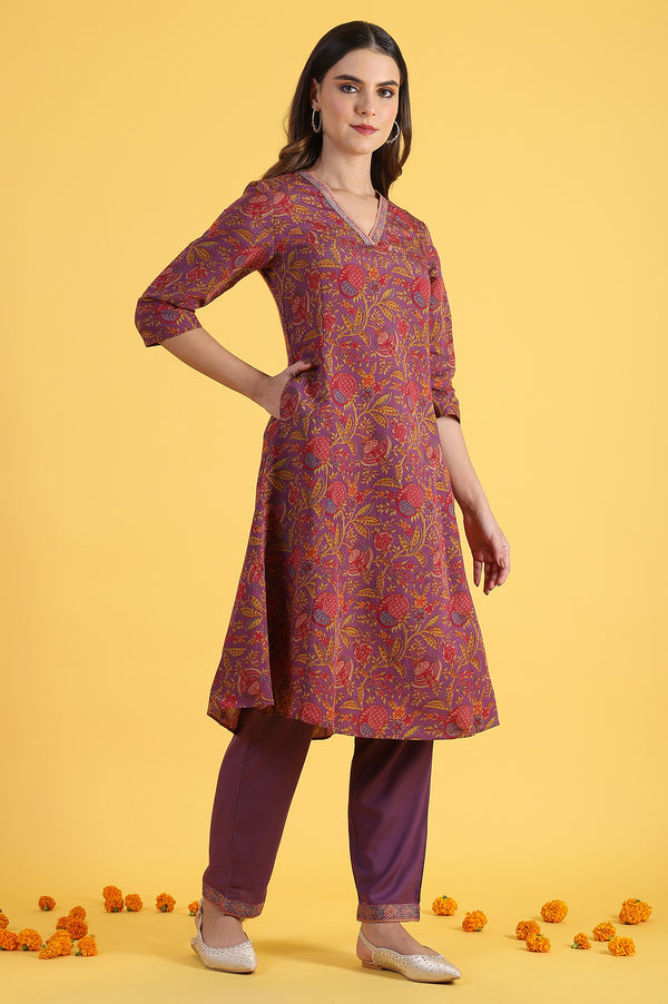 Purple Printed Flarred A-Line Kurta & Straight pant with Dupatta Set