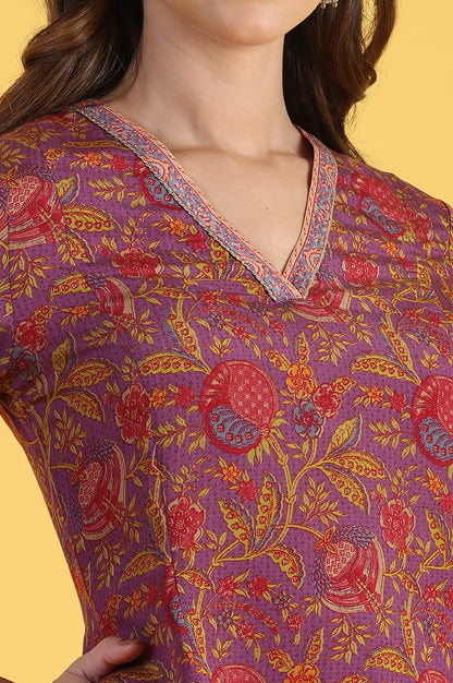 Purple Printed Flarred A-Line Kurta &amp; Straight pant with Dupatta Set