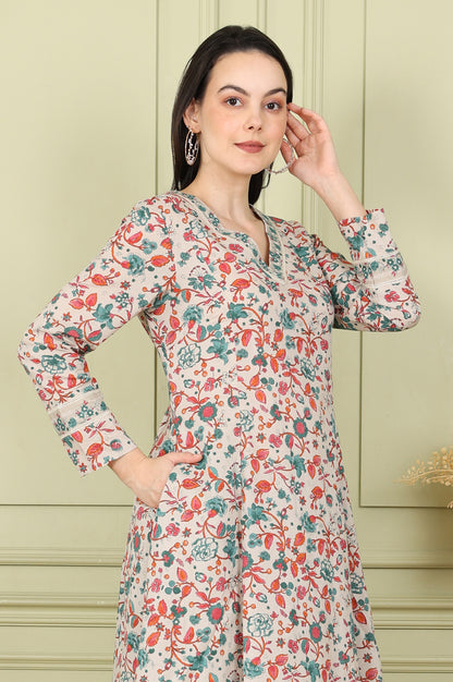 Light Grey Pure Cotton Flared Kurta And Pants Co-Ord Set With Floral Motifs All-Over - wforwoman