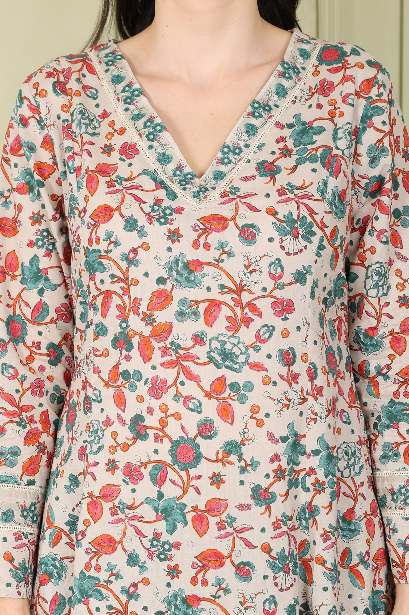 Light Grey Pure Cotton Flared Kurta And Pants Co-Ord Set With Floral Motifs All-Over - wforwoman