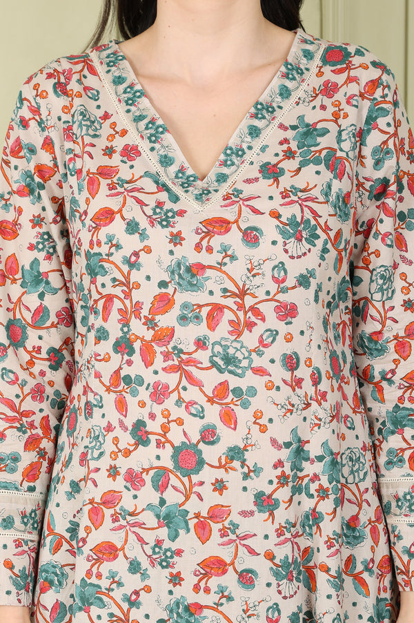 Light Grey Pure Cotton Flared Kurta And Pants Co-Ord Set With Floral Motifs All-Over