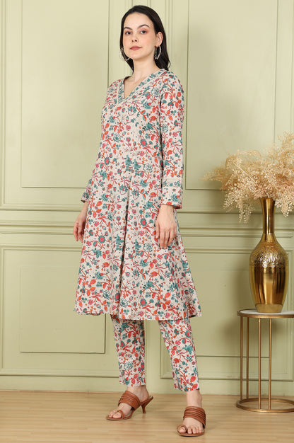 Light Grey Pure Cotton Flared Kurta And Pants Co-Ord Set With Floral Motifs All-Over - wforwoman