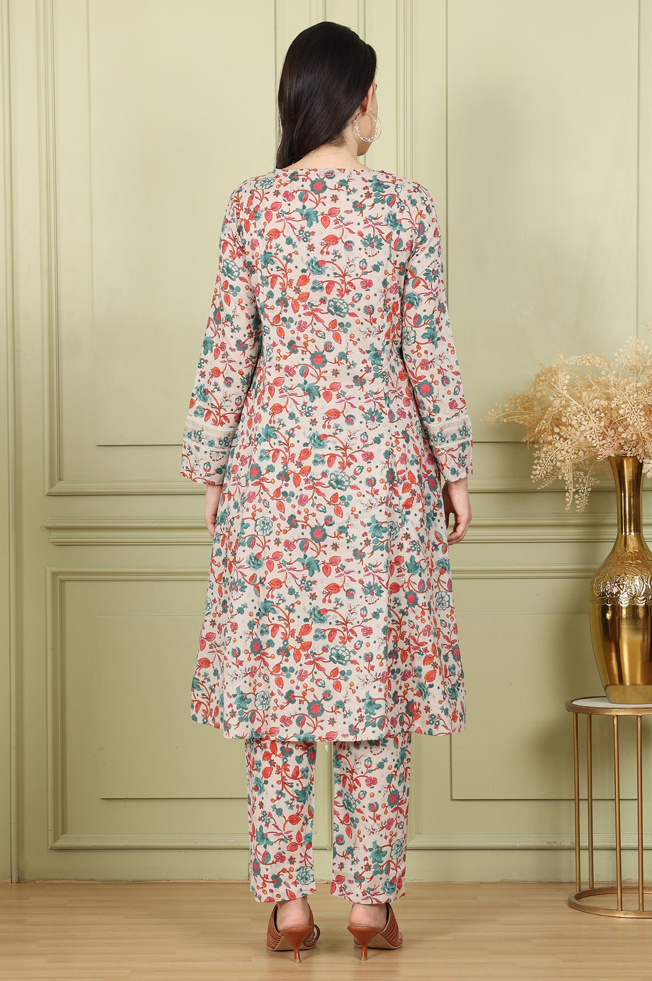 Light Grey Pure Cotton Flared Kurta And Pants Co-Ord Set With Floral Motifs All-Over - wforwoman