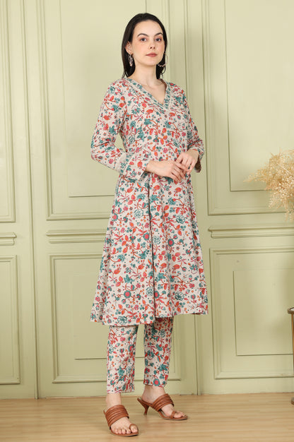 Light Grey Pure Cotton Flared Kurta And Pants Co-Ord Set With Floral Motifs All-Over - wforwoman