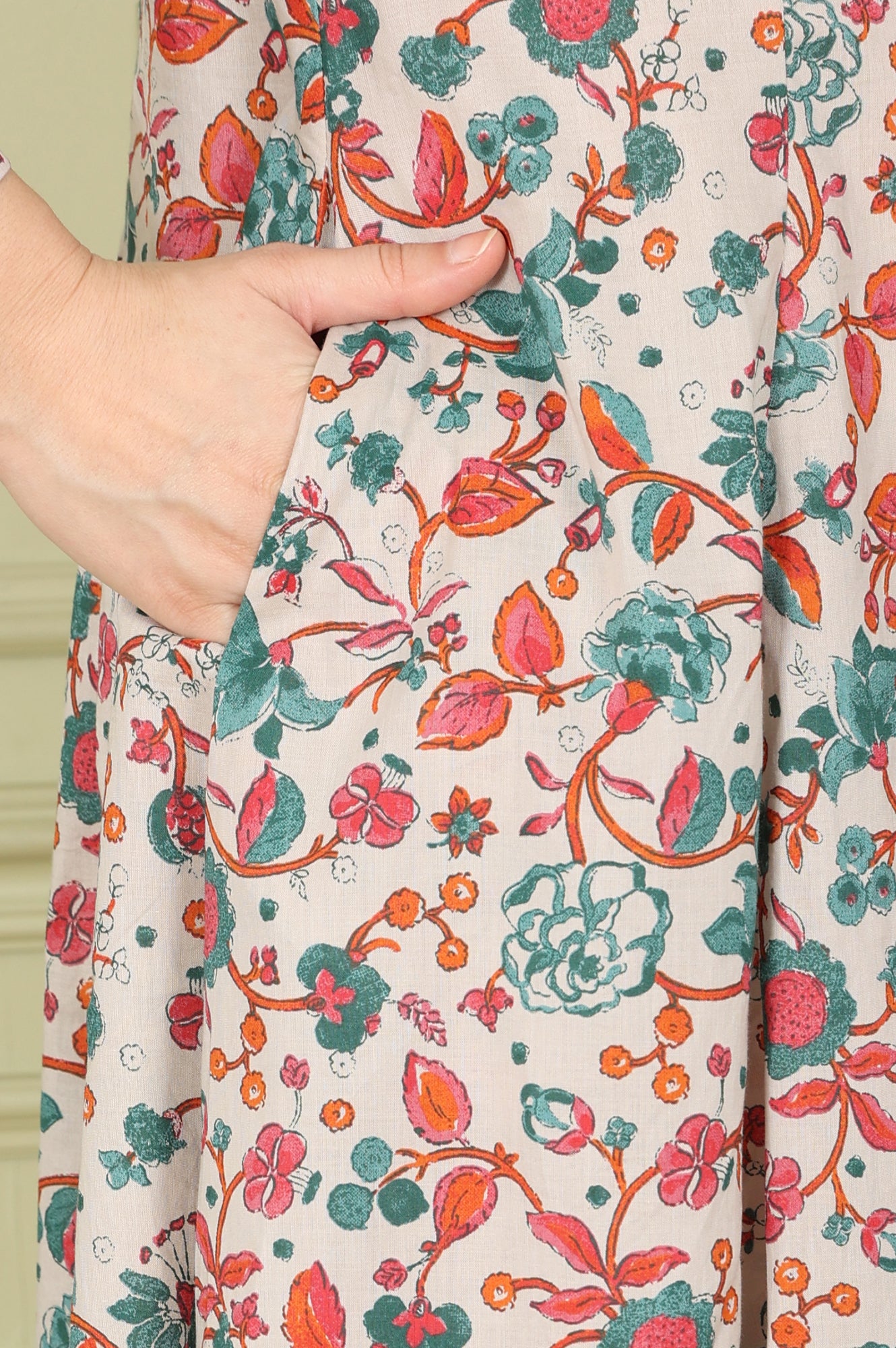 Light Grey Pure Cotton Flared Kurta And Pants Co-Ord Set With Floral Motifs All-Over - wforwoman