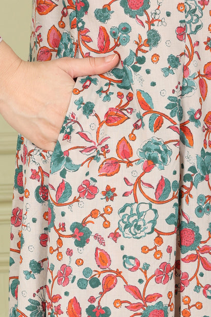 Light Grey Pure Cotton Flared Kurta And Pants Co-Ord Set With Floral Motifs All-Over - wforwoman