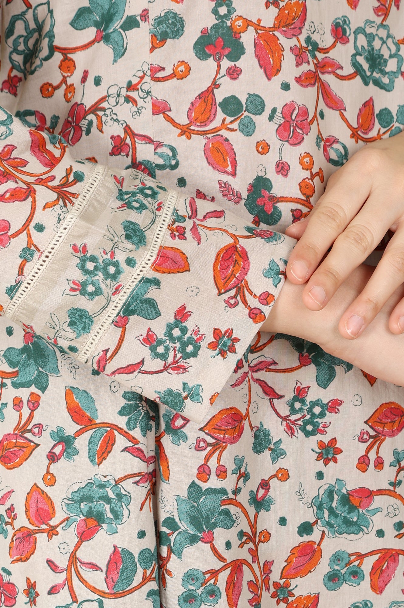 Light Grey Pure Cotton Flared Kurta And Pants Co-Ord Set With Floral Motifs All-Over