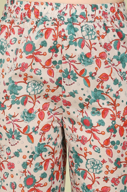 Light Grey Pure Cotton Flared Kurta And Pants Co-Ord Set With Floral Motifs All-Over