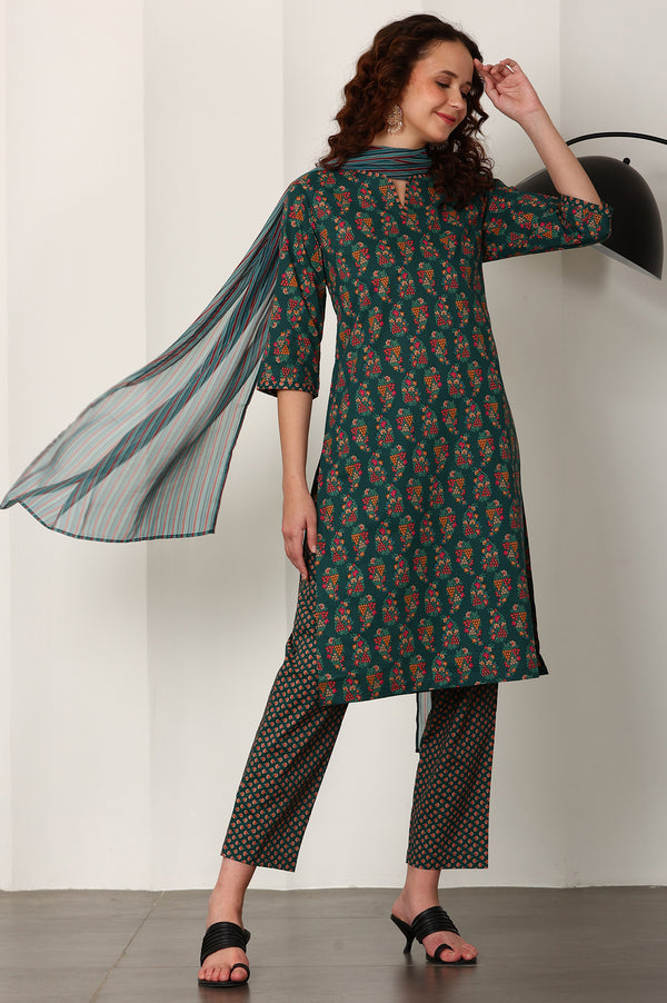 Bottle Green Floral Printed Pure Cotton Kurta, Pants And Dupatta Set