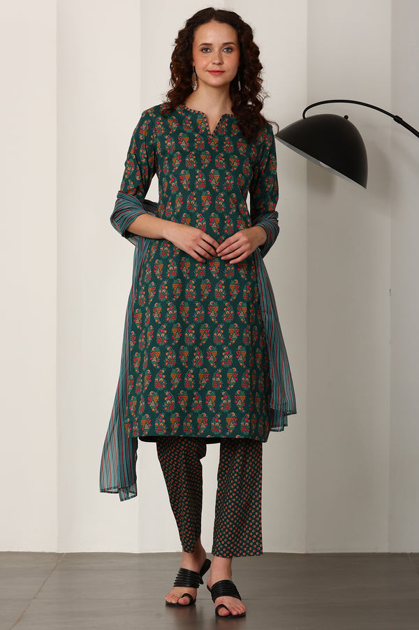 Bottle Green Floral Printed Pure Cotton Kurta, Pants And Dupatta Set