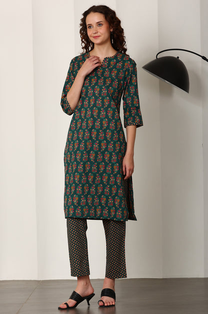 Bottle Green Floral Printed Pure Cotton Kurta, Pants And Dupatta Set