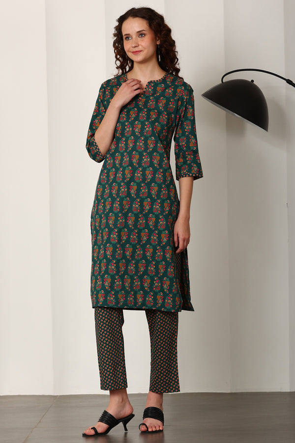 Bottle Green Floral Printed Pure Cotton Kurta, Pants And Dupatta Set