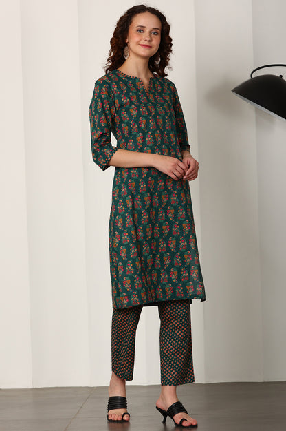 Bottle Green Floral Printed Pure Cotton Kurta, Pants And Dupatta Set
