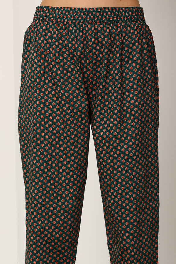 Bottle Green Floral Printed Pure Cotton Kurta, Pants And Dupatta Set