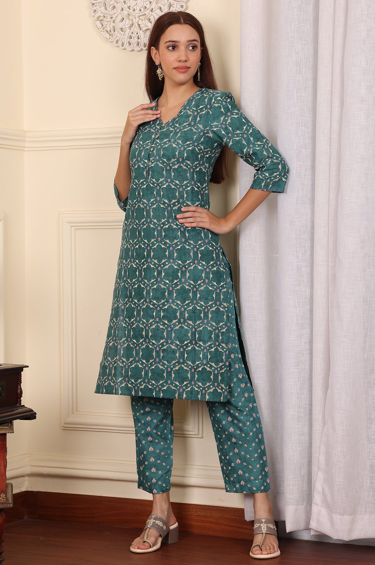 Forest Green Geometric Printed Rayon Straight Kurta And Pants Co-Ord Set - XS