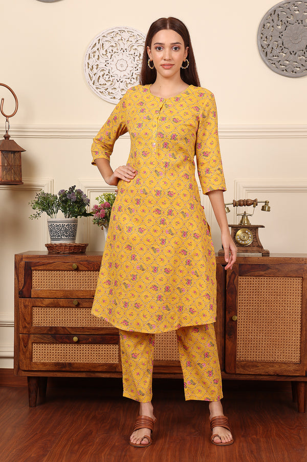 Yellow Floral Printed Pure Cotton Kurta And Pants Co-Ord Set