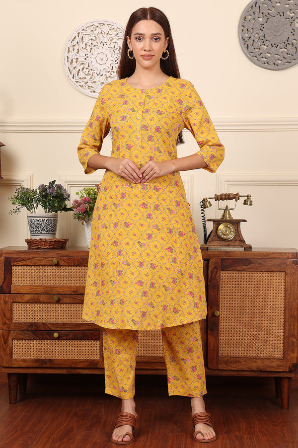 Yellow Floral Printed Pure Cotton Kurta And Pants Co-Ord Set