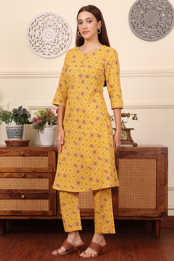 Yellow Floral Printed Pure Cotton Kurta And Pants Co-Ord Set