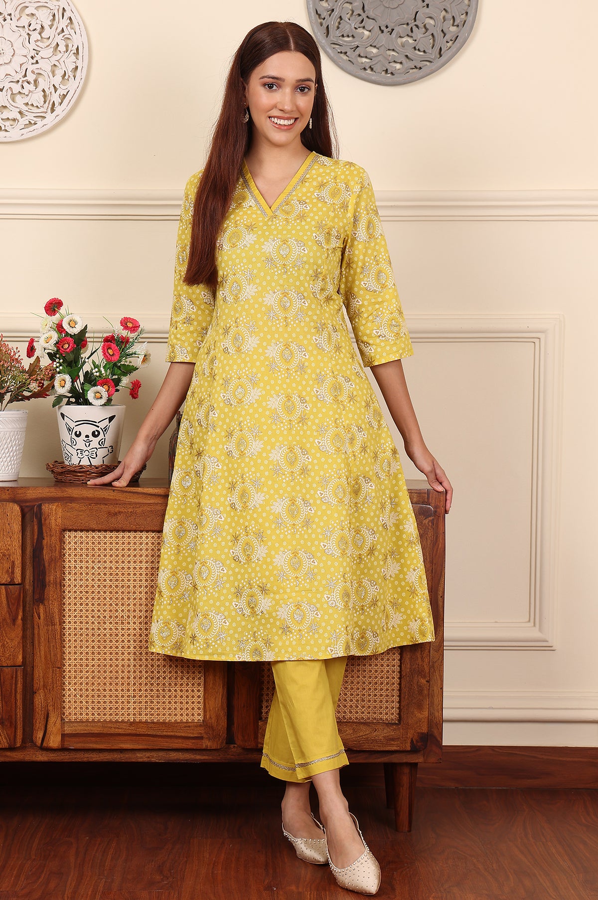 Custard Yellow Floral Printed Embroidered A-Line Pure Cotton Kurta And Pants Co-Ord Set - XXL