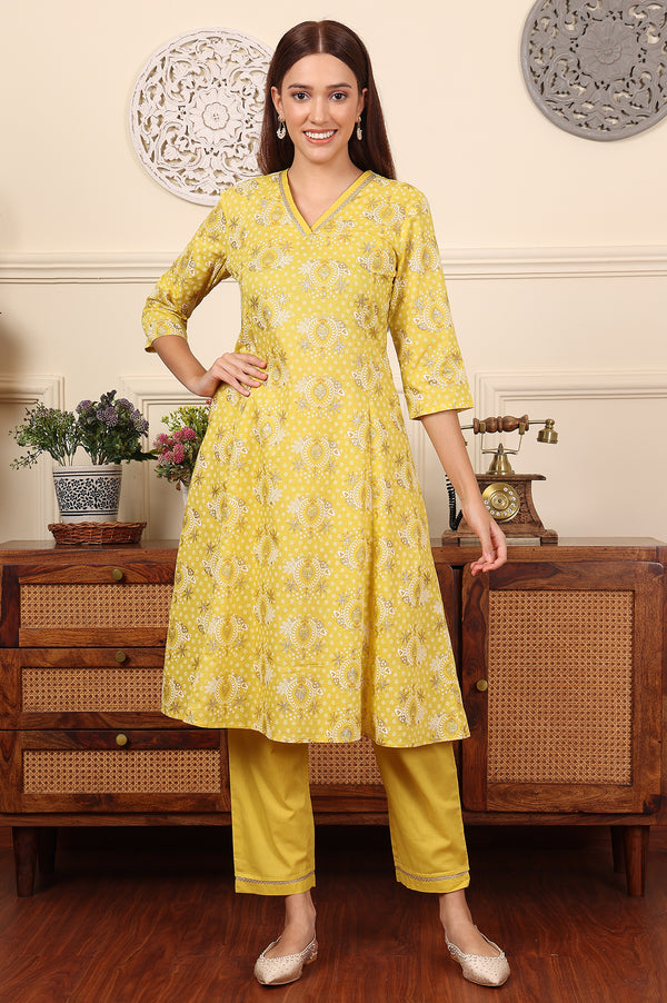 Custard Yellow Floral Printed Embroidered A-Line Pure Cotton Kurta And Pants Co-Ord Set