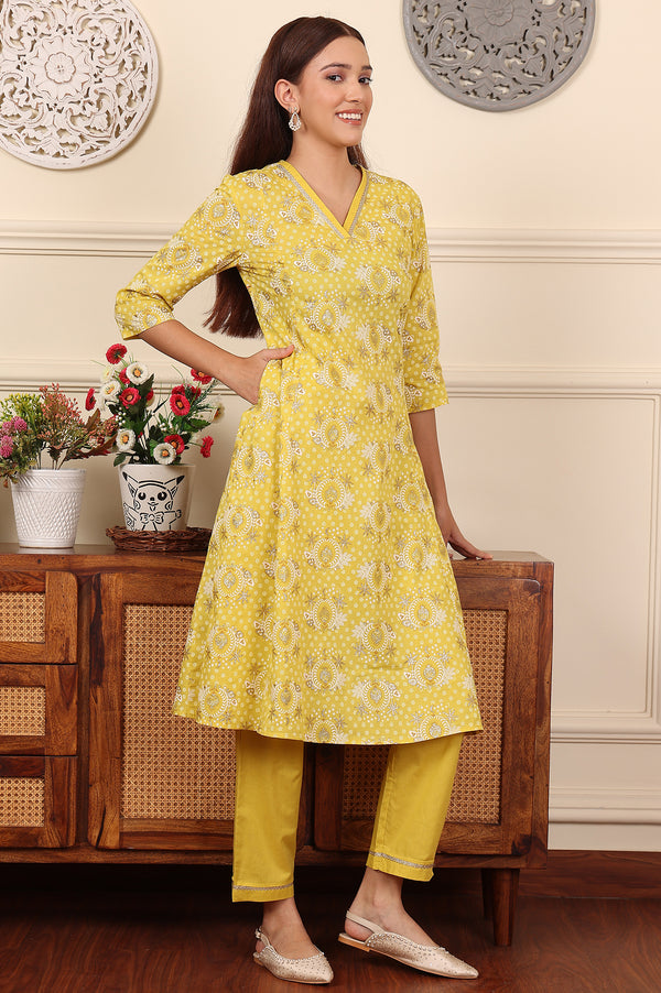 Custard Yellow Floral Printed Embroidered A-Line Pure Cotton Kurta And Pants Co-Ord Set