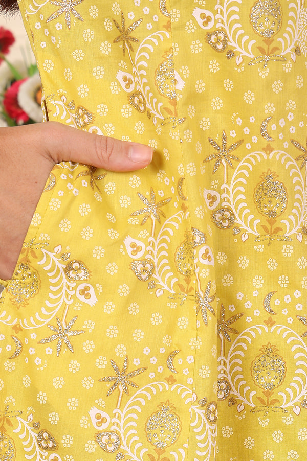 Custard Yellow Floral Printed Embroidered A-Line Pure Cotton Kurta And Pants Co-Ord Set