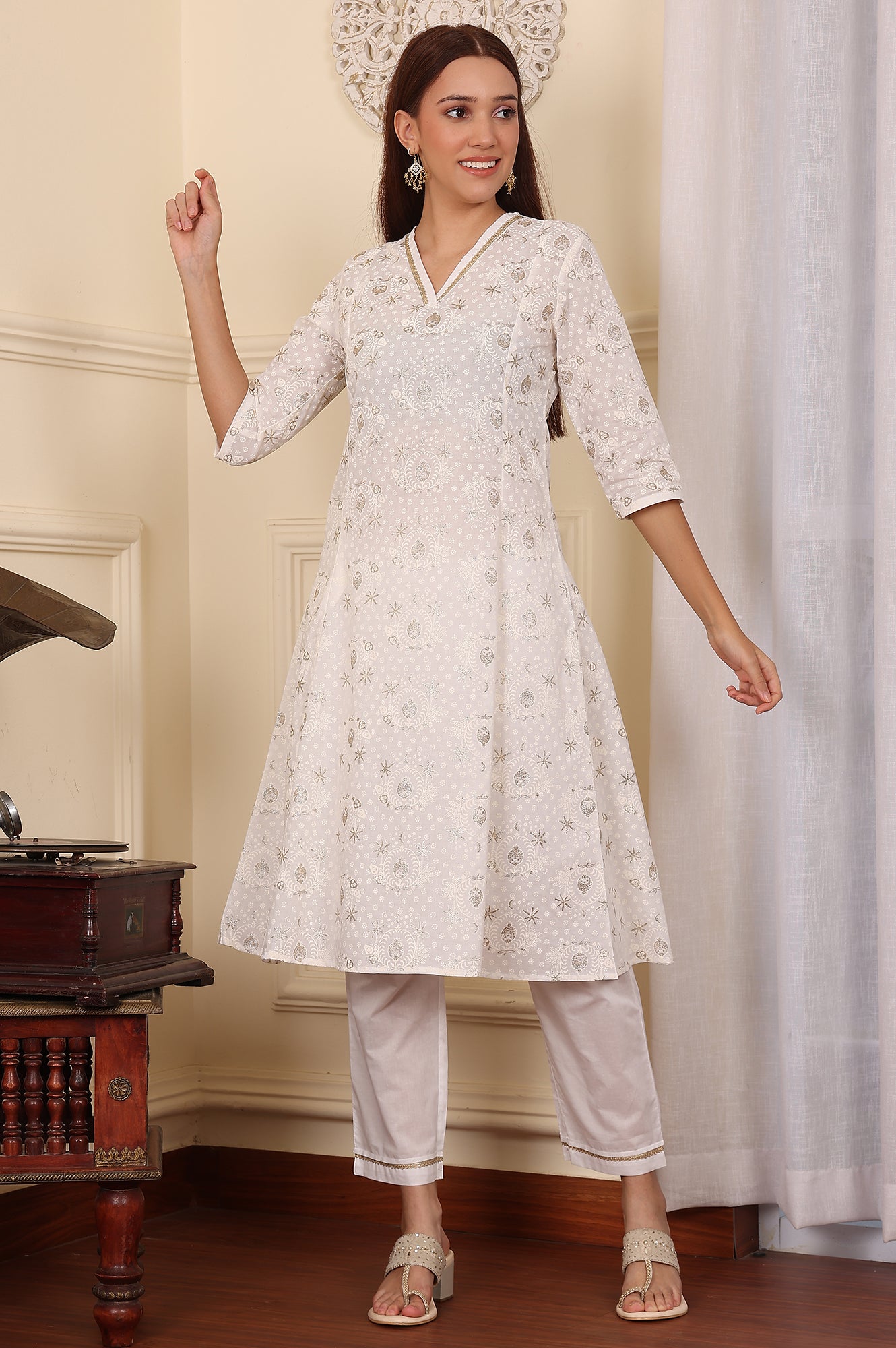White Floral Printed Embroidered A-Line Pure Cotton Kurta And Pants Co-Ord Set - wforwoman