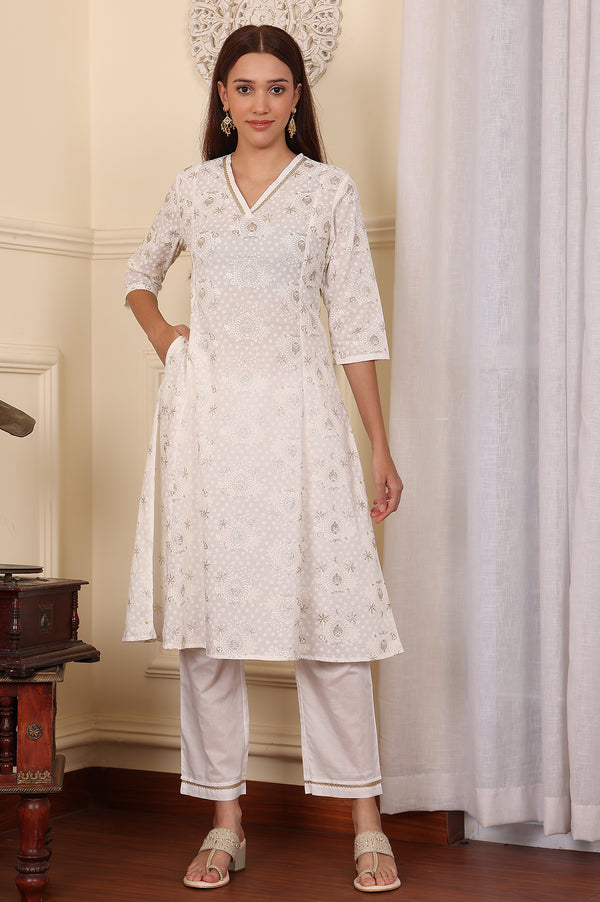 White Floral Printed Embroidered A-Line Pure Cotton Kurta And Pants Co-Ord Set