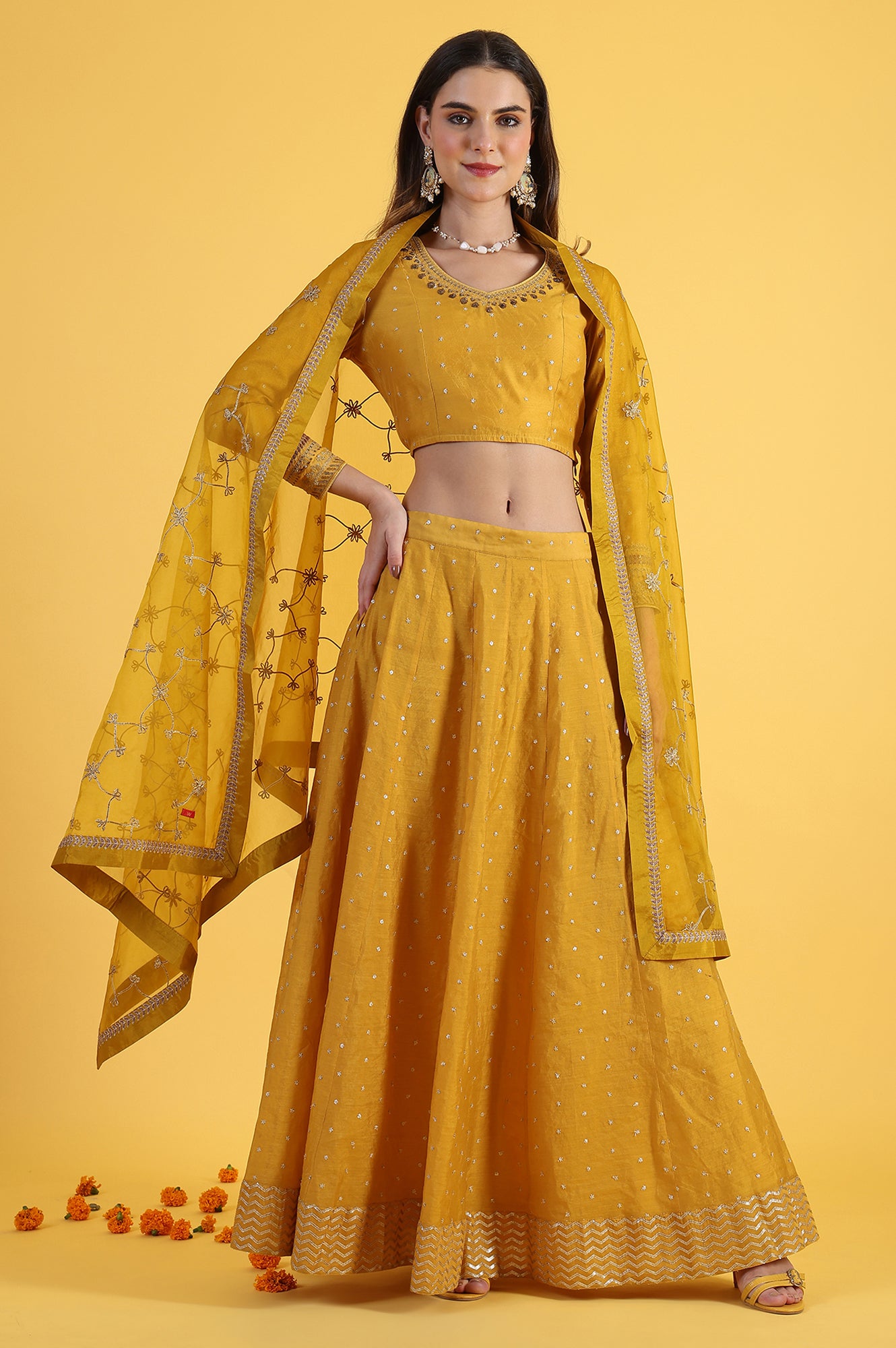 Yellow Metallic Embroidery Crop Top &amp; Skirt with Dupatta Set