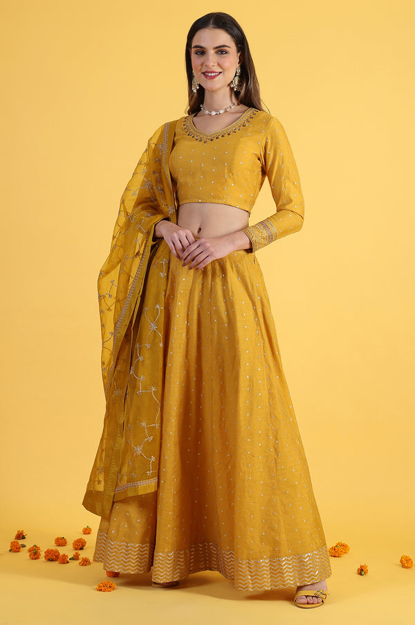 Yellow Metallic Embroidery Crop Top & Skirt with Dupatta Set