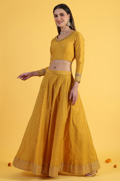 Yellow Metallic Embroidery Crop Top &amp; Skirt with Dupatta Set
